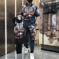 mens two piece fashion 2021 new spring and summer large size printed zipper short sleeve pants suit casual men