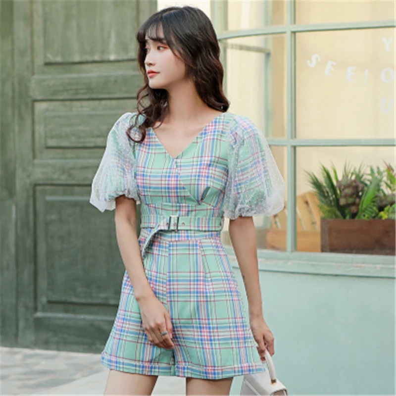 Женский комбинезон с пышными рукавами элегантный сетчатый в стиле пэчворк