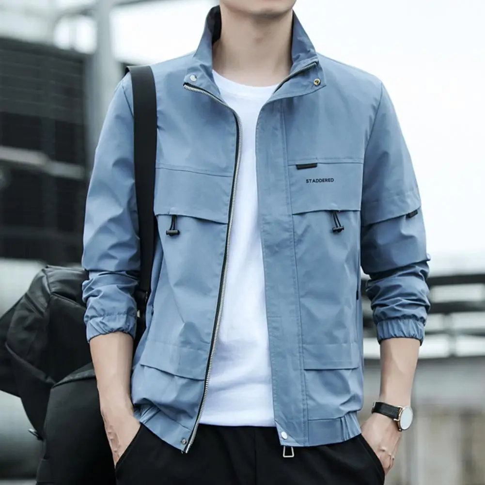 

Men Coat Men Jacket 2021 Solid Color Multi Pockets Stand Collar Simple Spring Jacket for Daily Wear