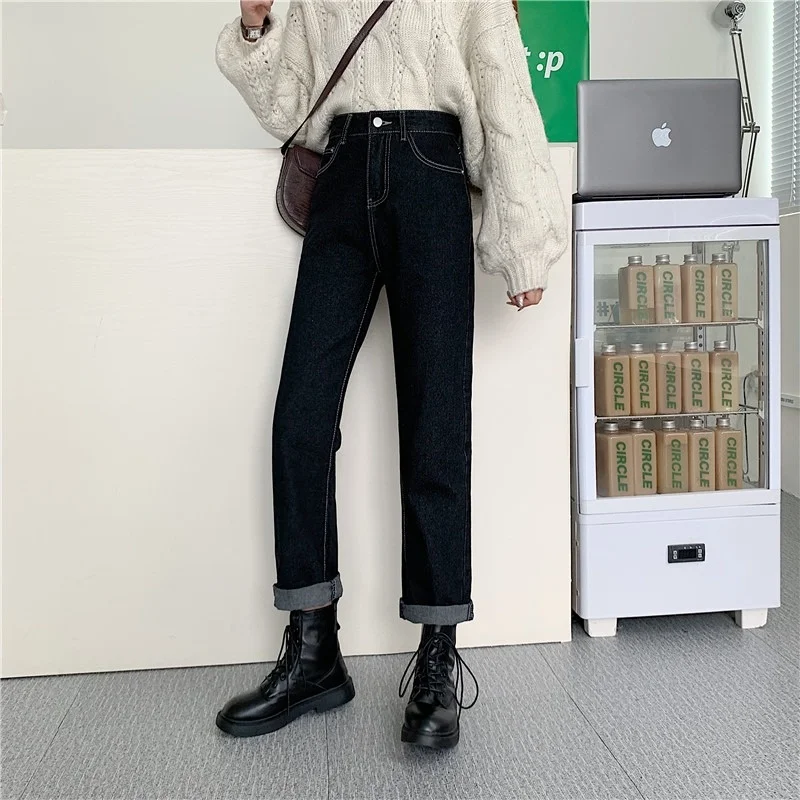 Jeans Women's Autumn and Winter Korean Style 2021 New High Waist Slimming Popular Small Straight Black Pants Fashion | Женская