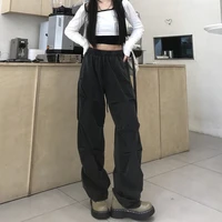 pleated washing material high street women pants loose style jogging pants black trousers
