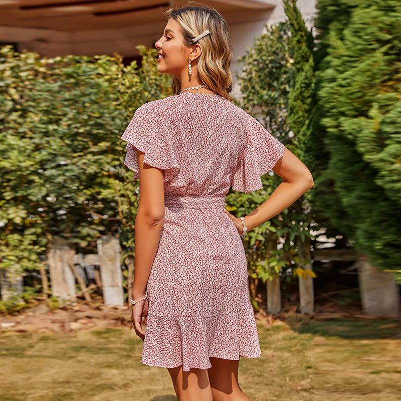 

Women Dress 2021 New Floral Printed Summer Butterfly Sleeve V-neck Ruffled A-line Dresses for Female Holidays Chiffon Dress