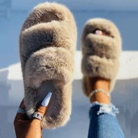 fashion women faux fur slides platform flat chunky heel fluffy furry slippers winter footwear comfortable ladies shoes female
