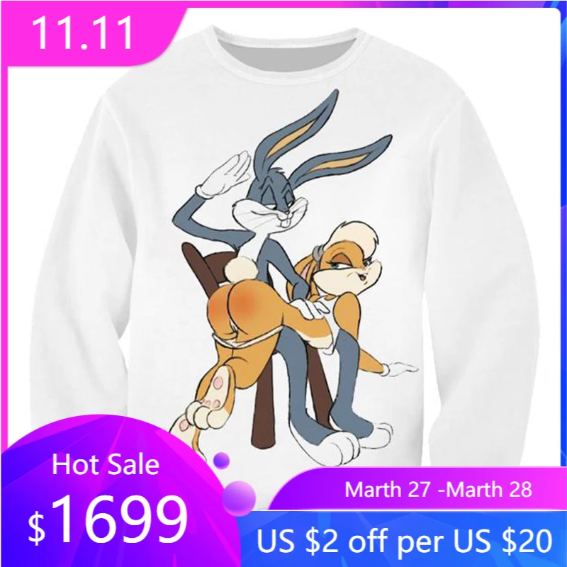 Мультфильм кролик границы 3D круглый вырез с длинным рукавом Прямая поставка