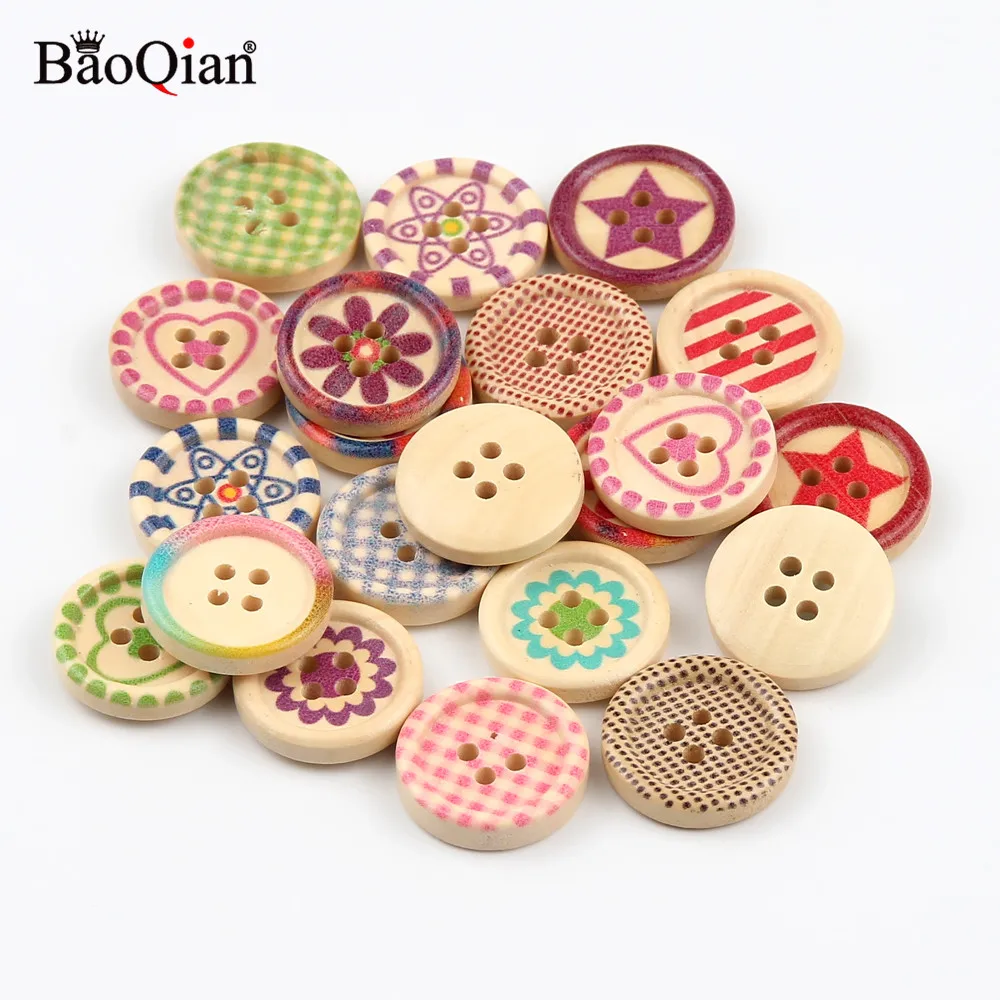 

50Pcs 20mm Star Heart Pattern Wooden Buttons 4 Hole Round Sewing Buttons For Clothing Scrapbooking Decoration Accessory