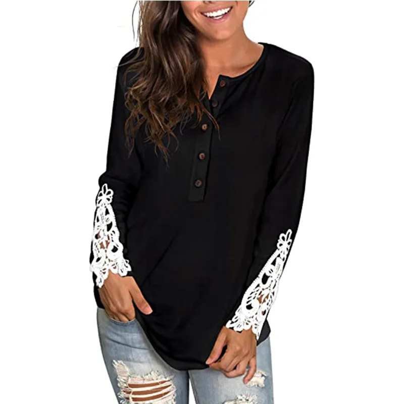 

New round collar button sleeve lace T-Shirt Top for women