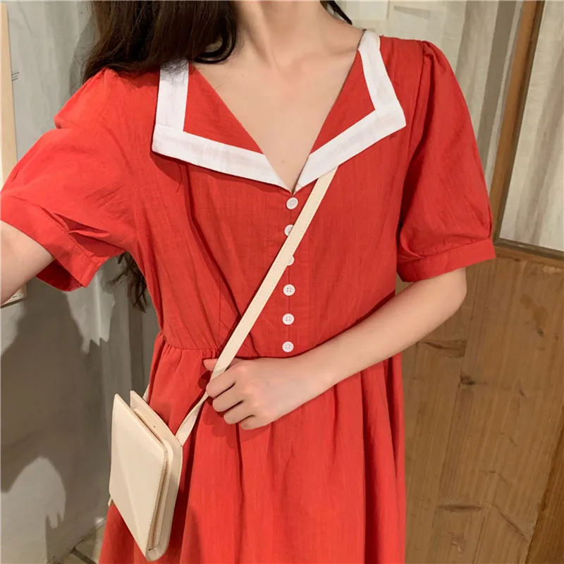 Летние однотонные корейские повседневные свободные Kawaii женское платье