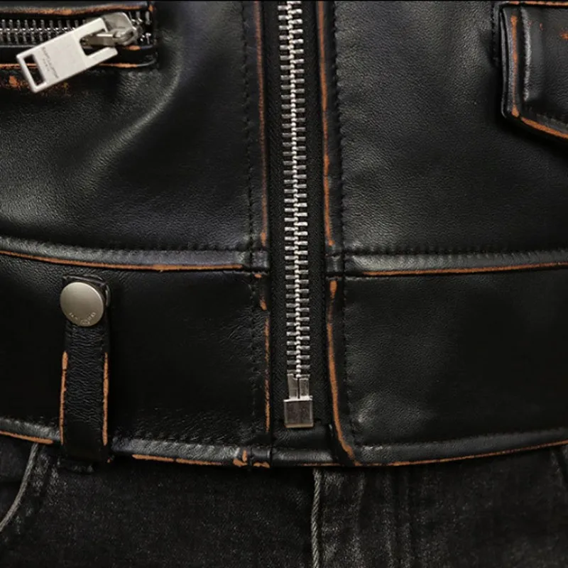 

Jacket Vintage Real Leather Men Punk Metal Rivets Lapel Sheepskin Short Coat High Quality Designer Street Zipper Biker Jacket