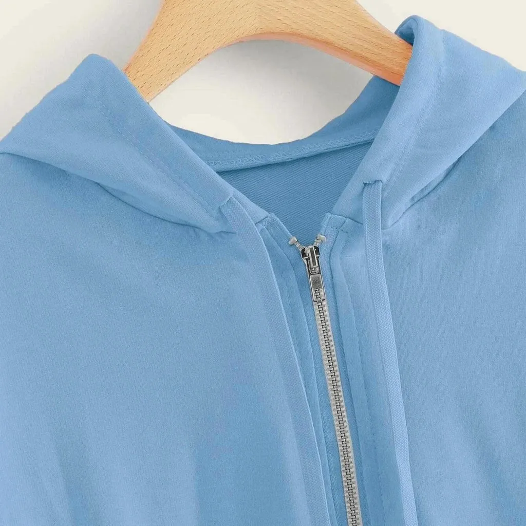Fashion Women Casual Solid Blouse Long Sleeves Zip Up Pocket Shirt V-neck Hooded Sweatshirt Tops