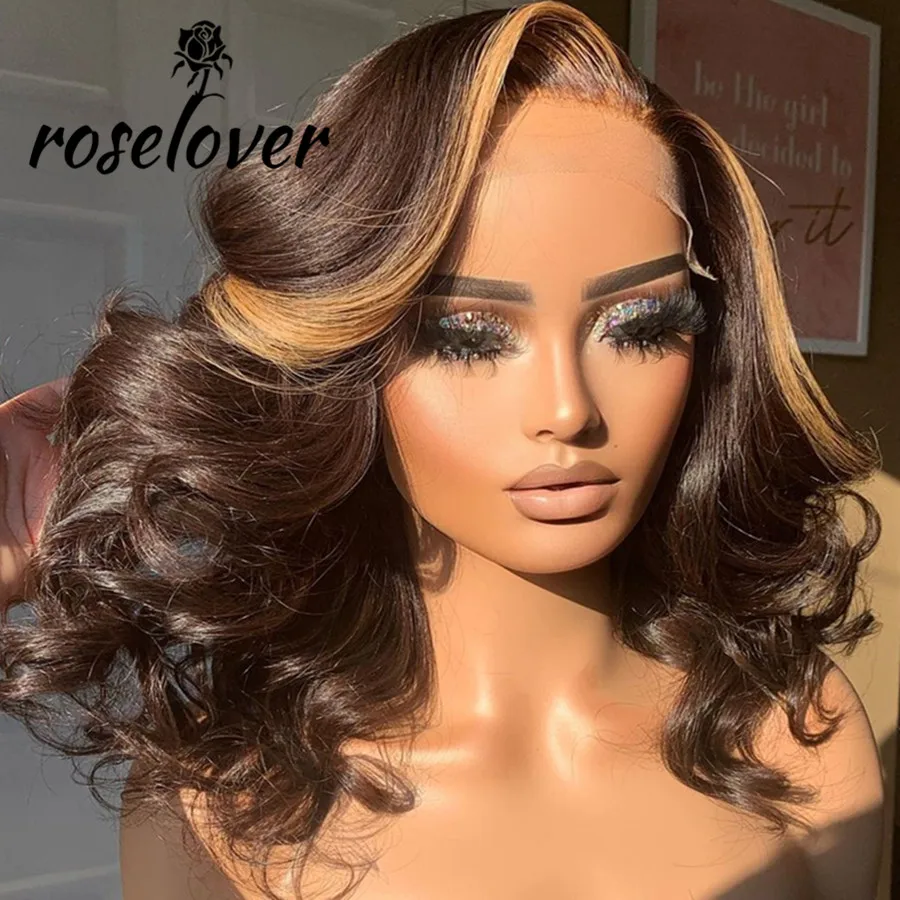 

Highlight Honey Blonde Lace Front Wig Human Hair Wig Sale 180% Short Wavy Bob Brazilian Remy Women's Wig PrePluck Bleached Knots