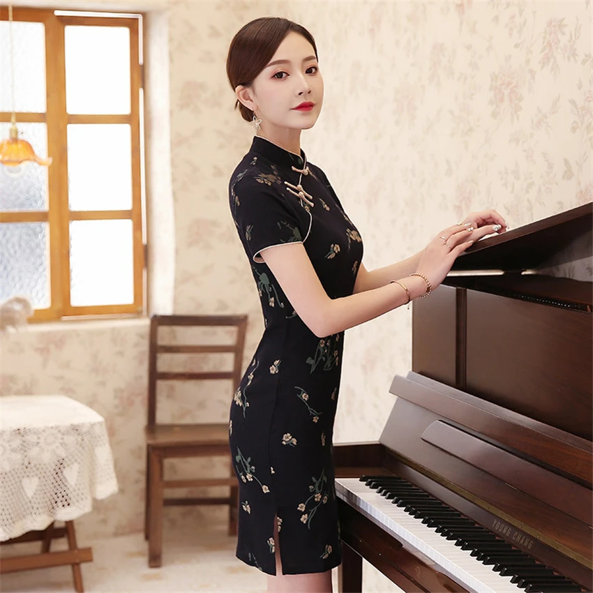 Традиционное китайское атласное платье Cheongsam Qipao для женщин короткий рукав вышивка древний костюм для вечеринок платья для взрослых