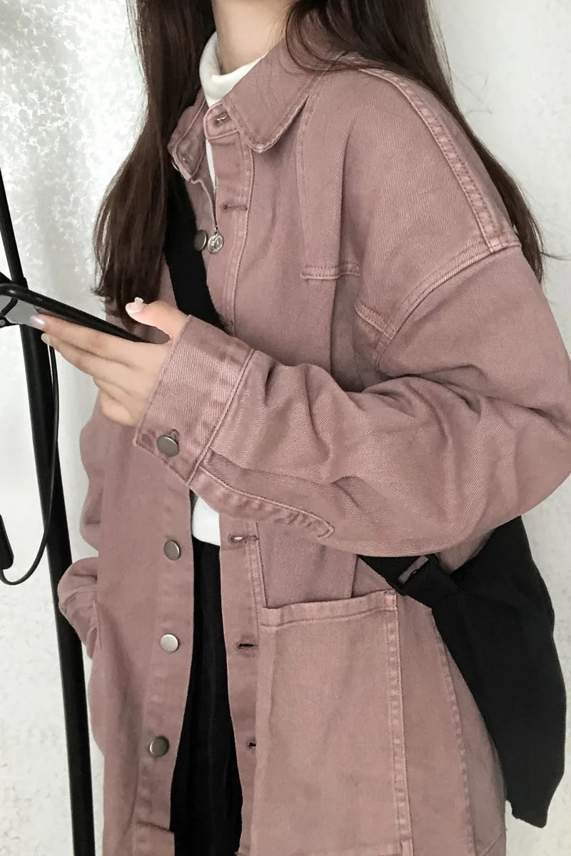 

Spring Women Solid Pink Jean Coat Button Patchwork Pockets Loose Korean Style Unique Elegant Popular Sweet Fashion Long Sleeves