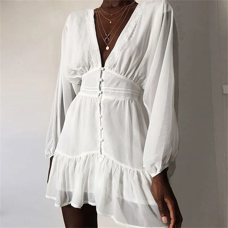 

2021 Sexy Plunge V Neck Women's Summer Dress White Lace Long Sleeve Mini Wedding Party Dress Ruffle Elegant Clothes