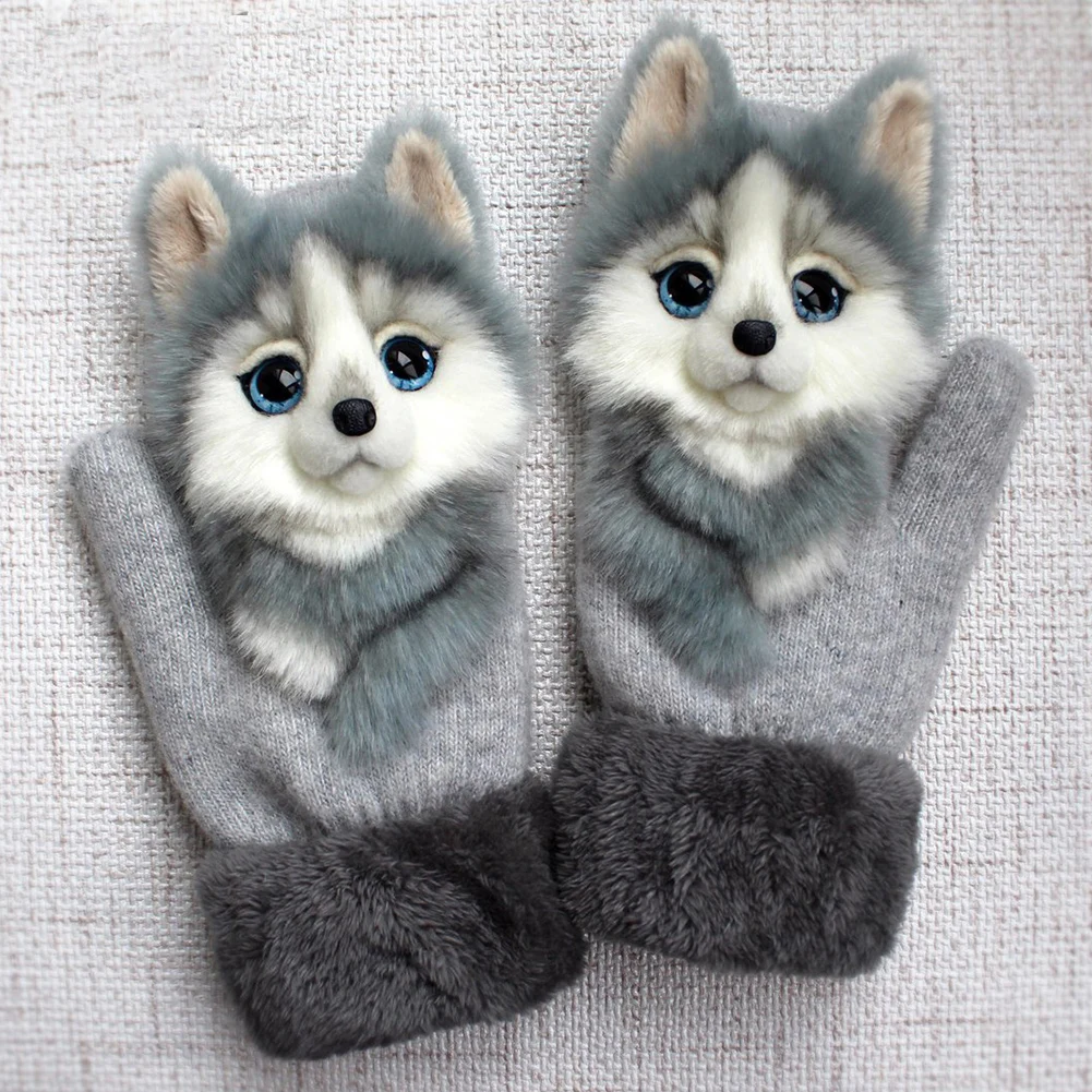 

Cute Warm Winter Fur Plush Knitted Guantes Gloves Animal Pattern Thickening Cartoon Simulation Animal Gloves Full Finger Mittens