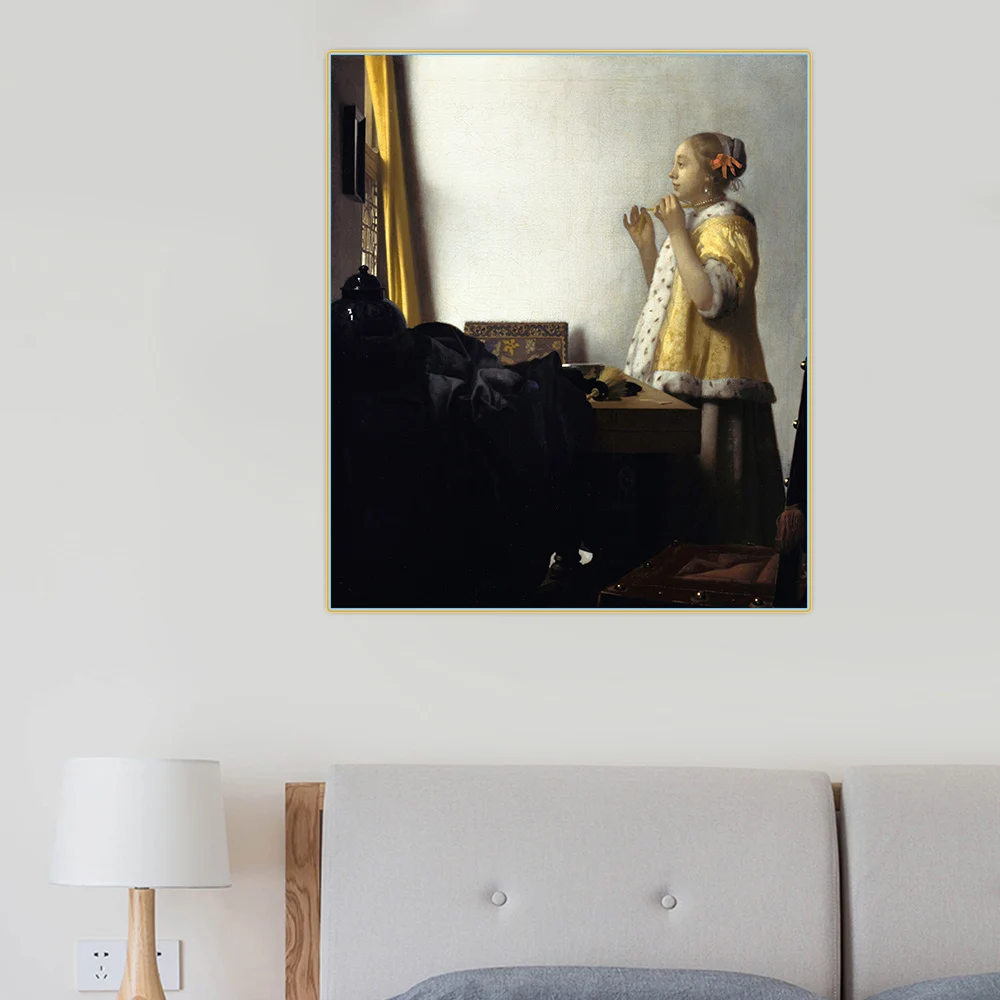 Молодые женщины с жемчужным ожерельем Йоханнеса Вермеера Холст Картина маслом