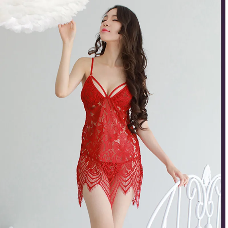 

Women Sexy Lingerie Sleepwear Lace Hallow Out Summer Slim Night Dress V-Neck Sleeveless Nightgown Set & T-Back AD124