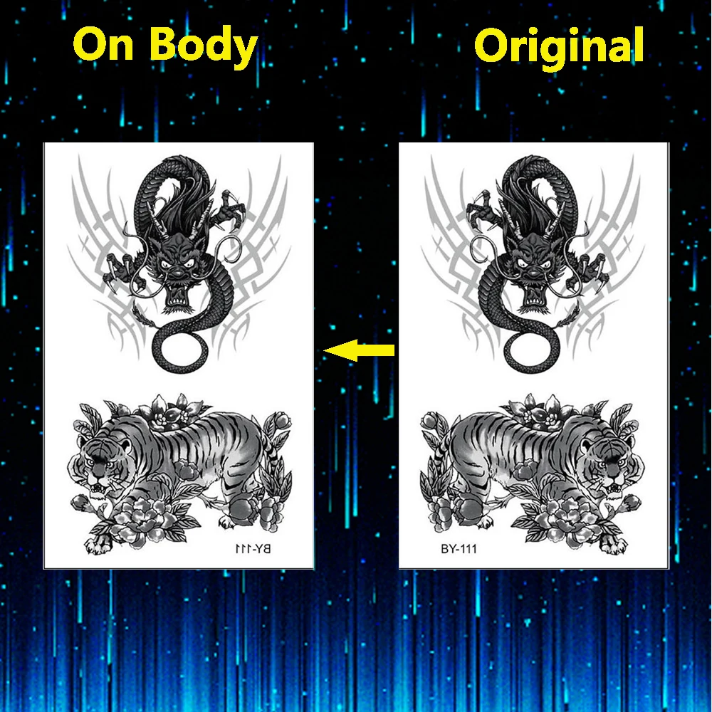 Временные татуировки Черного Тигра и дракона для мужчин поддельные 3D стикер