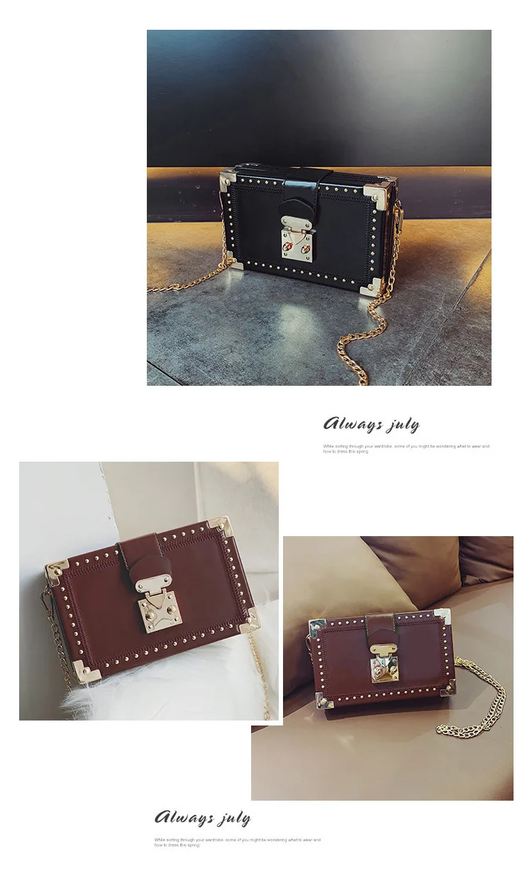 Fashion Vintage Rivet Designer Bag Box Style Buckle PU Women Clutch Bag Chain Purse Shoulder Bag Crossbody Small Flap Handbag