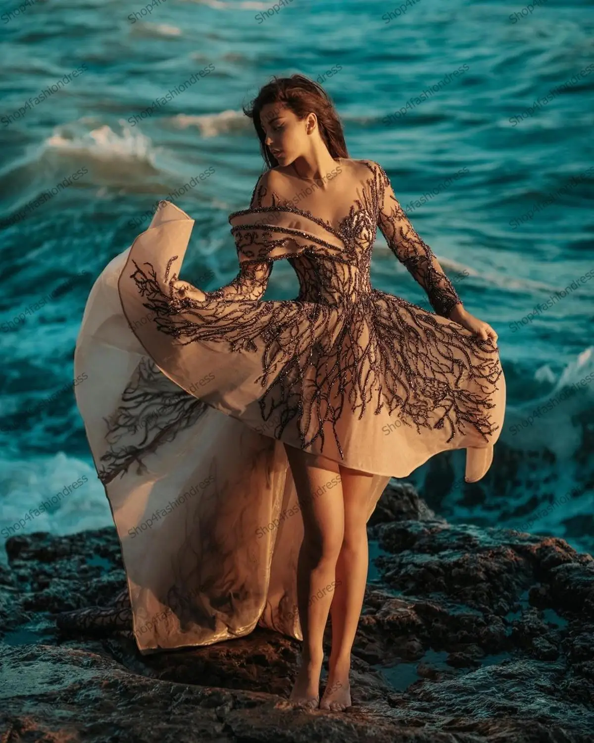 Unique High Low Beads Tulle Prom Gowns Charming Asymmetric V Neck Prom Dress Sexy See Thru Pageant Gown Vestido De Noche