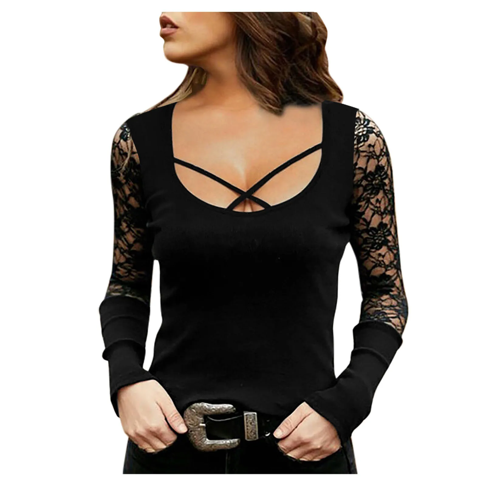 

Blouse Mesh Female-tops Long-sleese 2021women's Fashion Round Neck Cross The Chest Casual Tops Lace Blouse