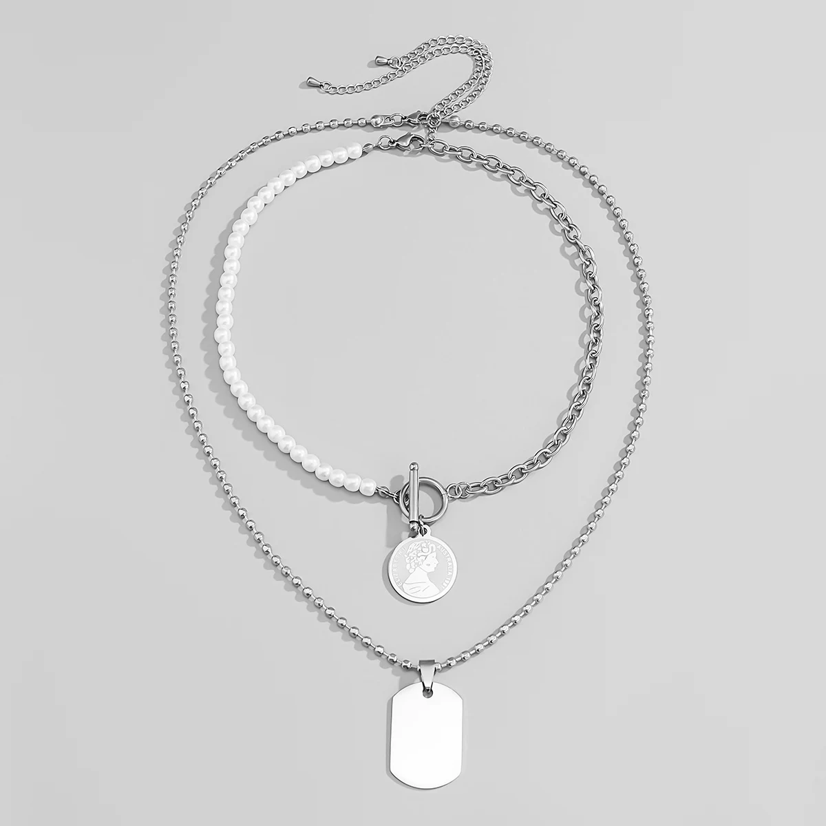 

IngeSight.Z 2Pcs/Set Stainless Steel Geometric Square Pendant Necklace Punk Imitation Pearl Toggle Lasso Choker Necklace Jewelry