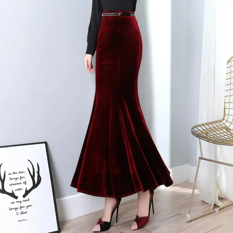 Женская осенне зимняя длинная юбка макси с высокой талией и юбкой годе винтажная