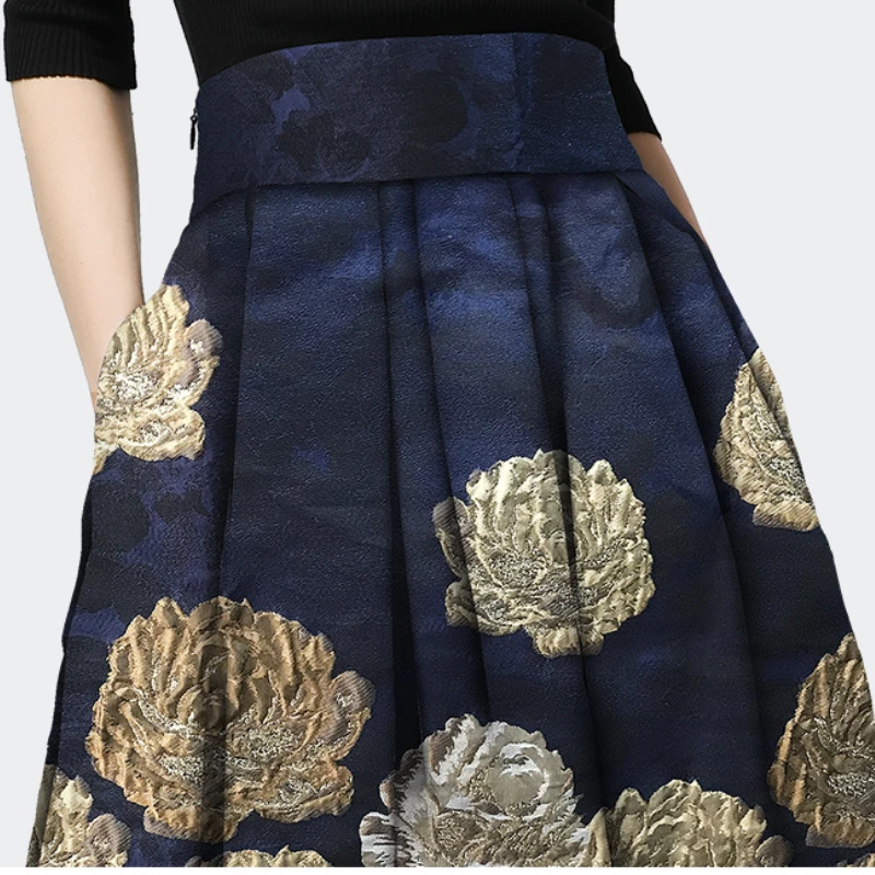 2021 New Vintage Spring French Ball Gown Long Skirt Female Gold Embroidery Elegant Jacquard Puffy Pleated Skirts Women Clothing