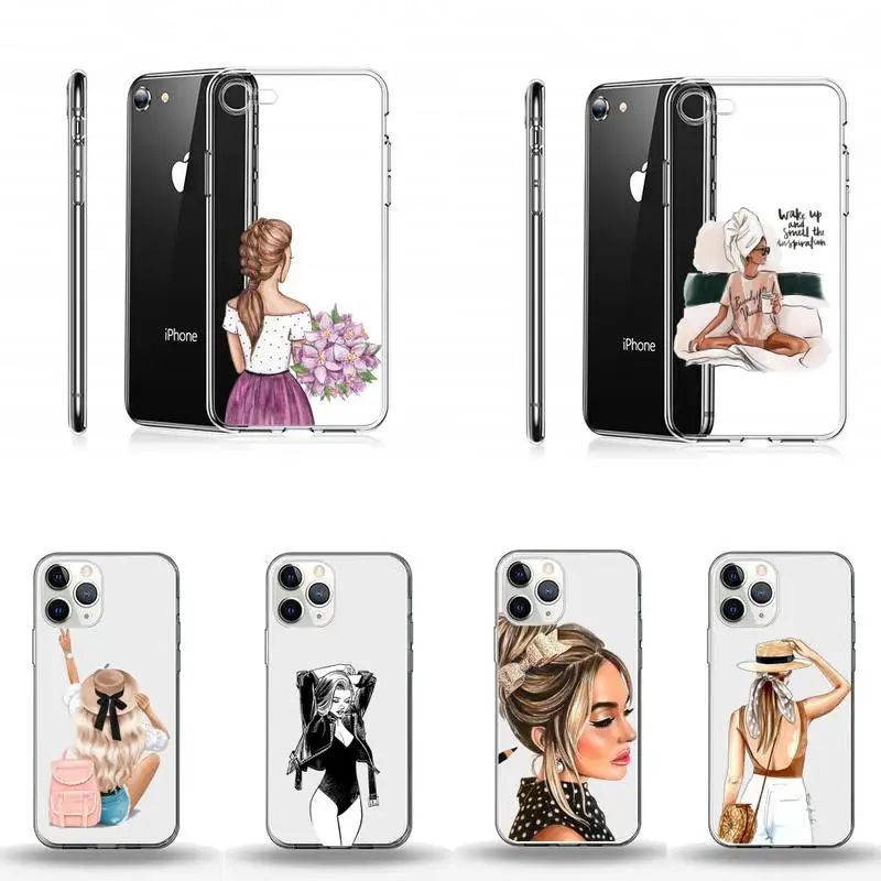 

Fashion Coffee Girl Boss Phone Case Transparent for iPhone Samsung A S 11 12 6 7 8 9 10 20 Pro X XS Max XR Plus lite Clear