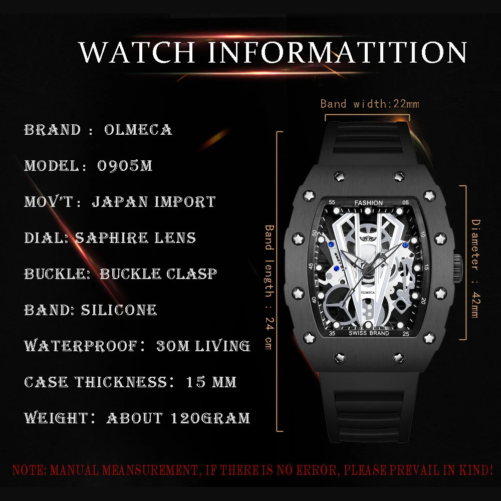 Olmeca Топ люксовый бренд Скелетон военные спортивные водонепроницаемые