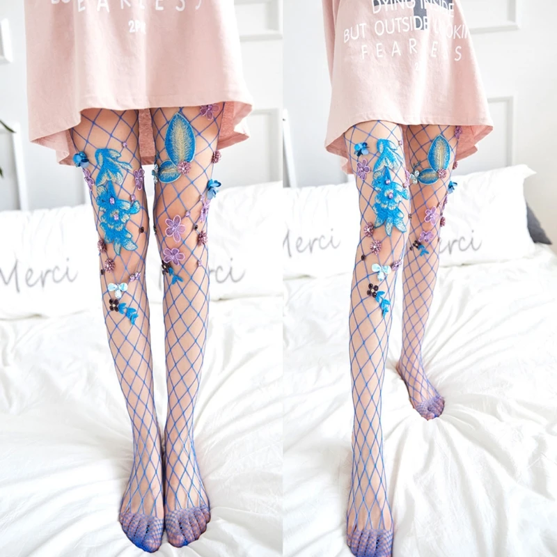 

Women Sexy Hollow Out Fishnet Pantyhose 3D Embroidered Flower Rhinestone Tights X7YA