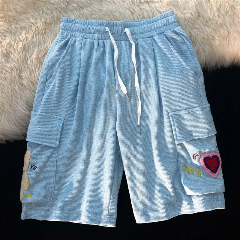 

Harajuku Teans Bear Embroidery Shorts Loose Cotton Sweatpants Women Girls Students Casual Wide Leg Pants Summer Korean Bottom