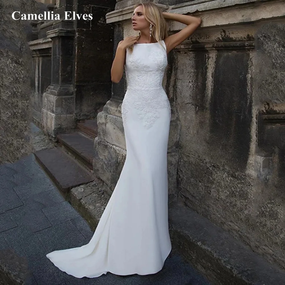 

Elegant Moder Satin Mermaid Wedding Dresses 2022 Bride Dress Boat Neck Sleeveless Bridal Gowns Customized Vestidos De Noiva