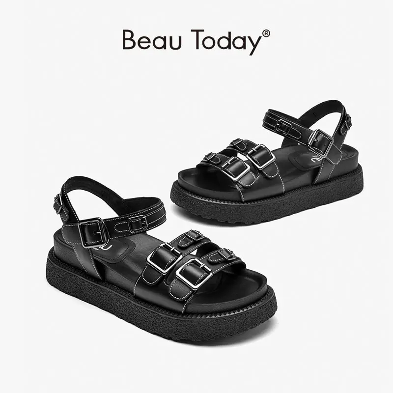 

BeauToday Chunky Sandals Women Cow Leather Platform Flats Ankle Buckle Straps Ladies Summer Beach Casual Shoes Handmade 38153