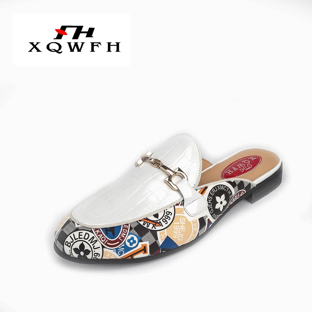 White XQWFH/брендовые летние мужские шлепанцы; модные Вьетнамки с принтом; кожаные мужские повседневные пляжные сандалии; нескользящие мужские лоферы - Цвет: White