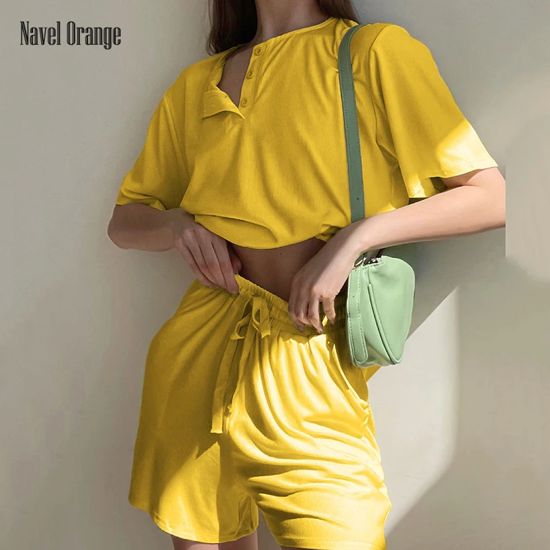 

Женский домашний костюм на пуговицах, свободный однотонный костюм с коротким рукавом, круглым вырезом, эластичным поясом и кулиской, Модная...