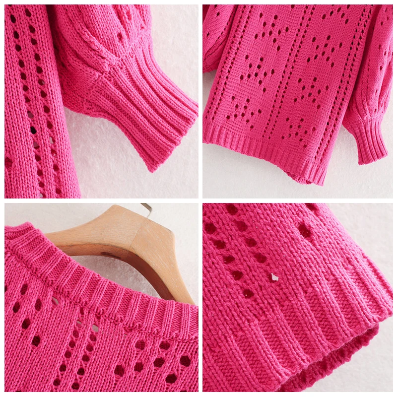 ROHOPO Deep Pink Knitted Solid Tops Outwear Round Collar Puff Half Sleeve Ladies Chic Cute Winter Sweater #9560 | Женская одежда