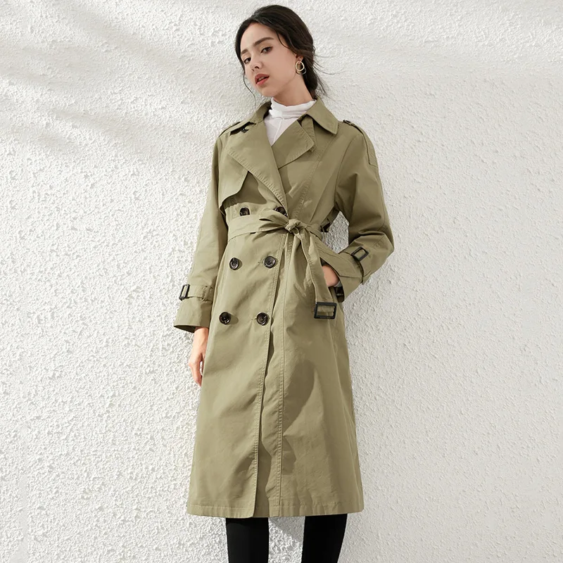 

Korean Vintage Double Breasted Slim Trench Coats Women Khaki Belt Long Trenchs Coat for Women Spring Autumn Windbreaker Female