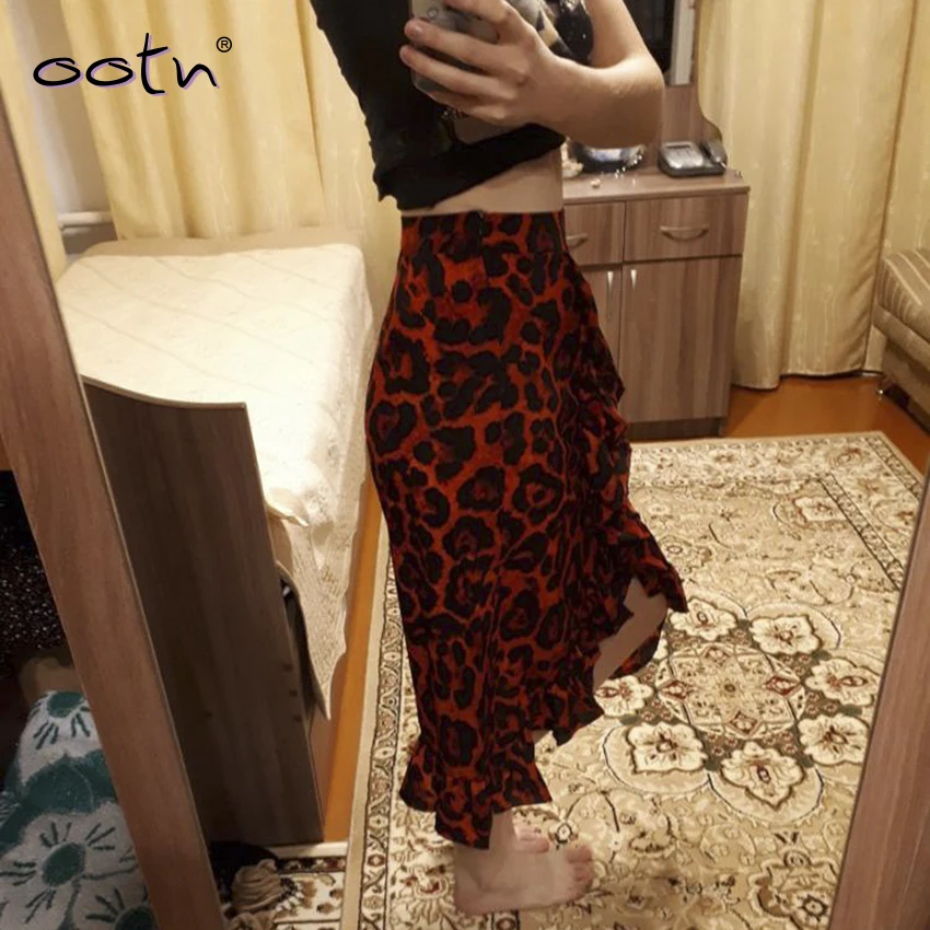 Ootn Leopard длинная юбка женский Высокая талия длинная юбка Женский Улица рябить животных печати юбка Женский Лето Красный для отдыха