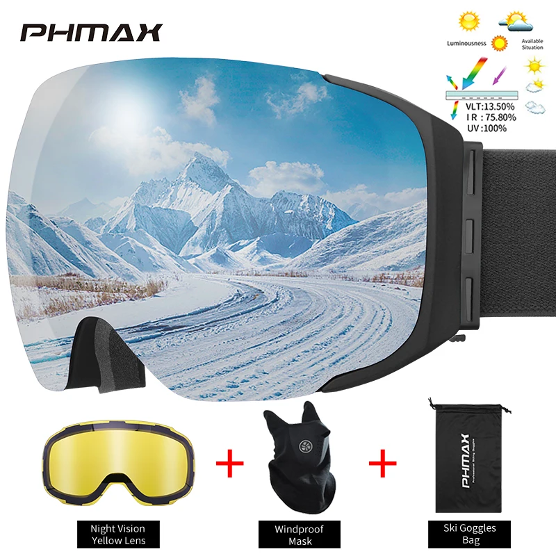 Магнитные лыжные очки PHMAX зимние двухслойные противотуманные антибликовые для