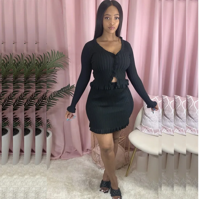 

Wholesale Women Two Piece Holiday Clothing Set With Skirt Long Sleeve Autumn Coat Top + Bodycon Mini Skirts Sexy Club Outfits