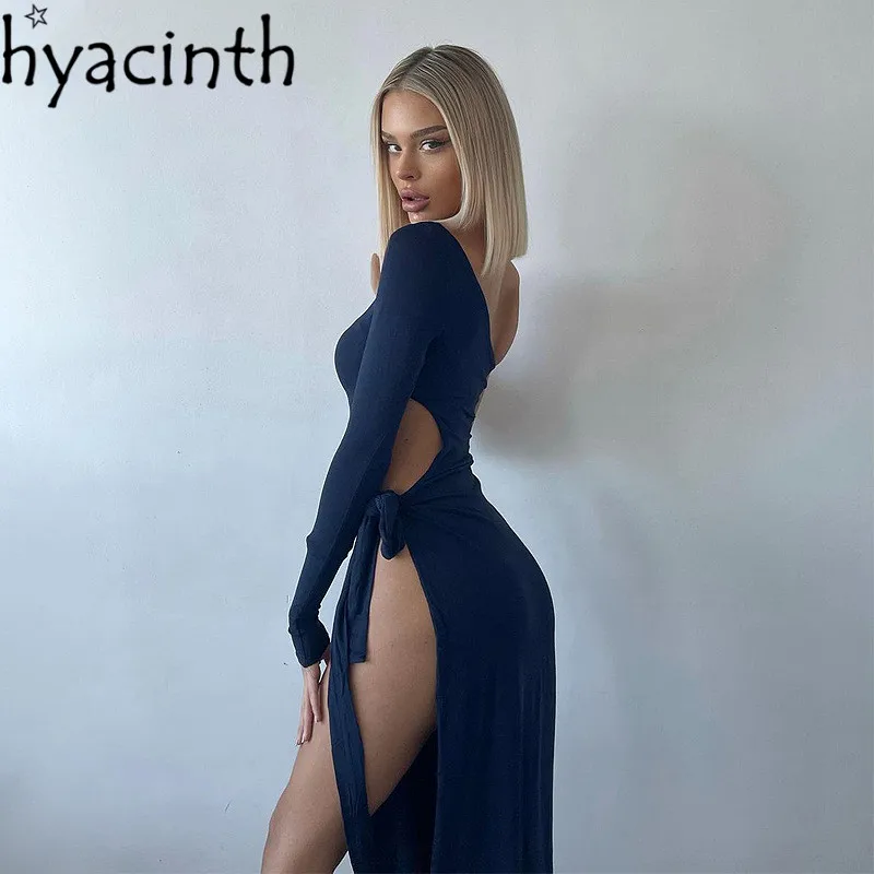 

Women Long Sleeve Side High Split Party Dresses Elegant Black One Shoulder Maxi Evening Dress Formal Maxi Vestidos