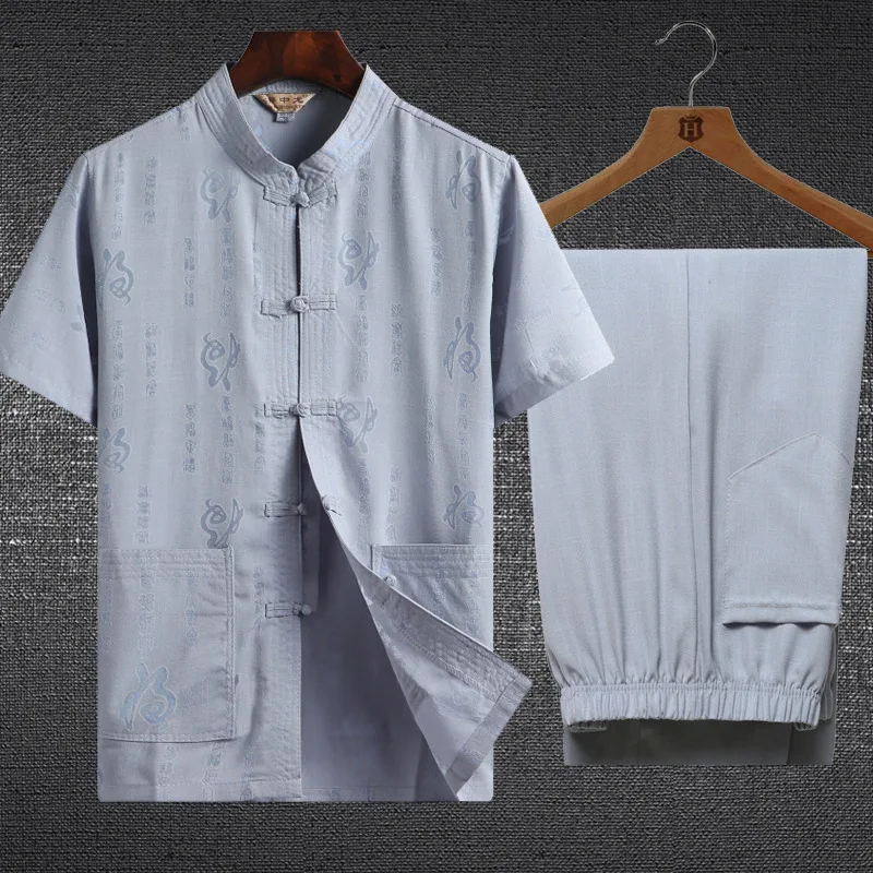 

2020 Chinese Tang Set for Men Short Sleeve Chinese Button Fine Traditional Oriental Embroidery Linen Shirt Chinese Taiji Costume