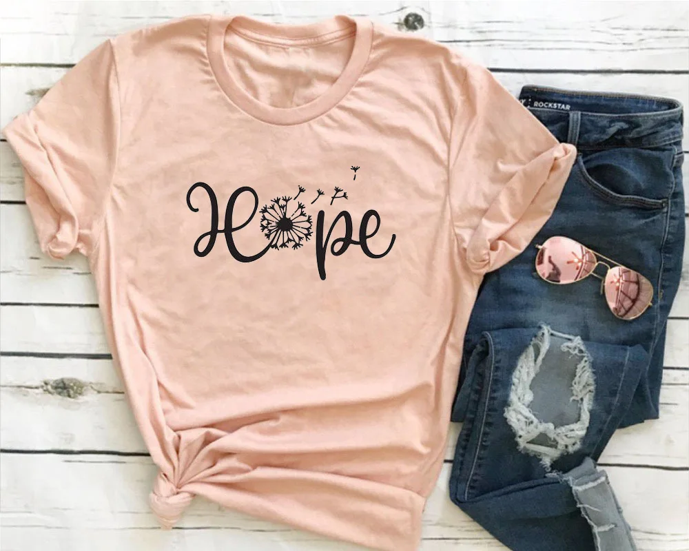 

100% Pure Cotton T Shirt Hope Dandelion Print Women Short Sleeve O Neck Loose Tshirt Summer Causal Tee Shirt Tops