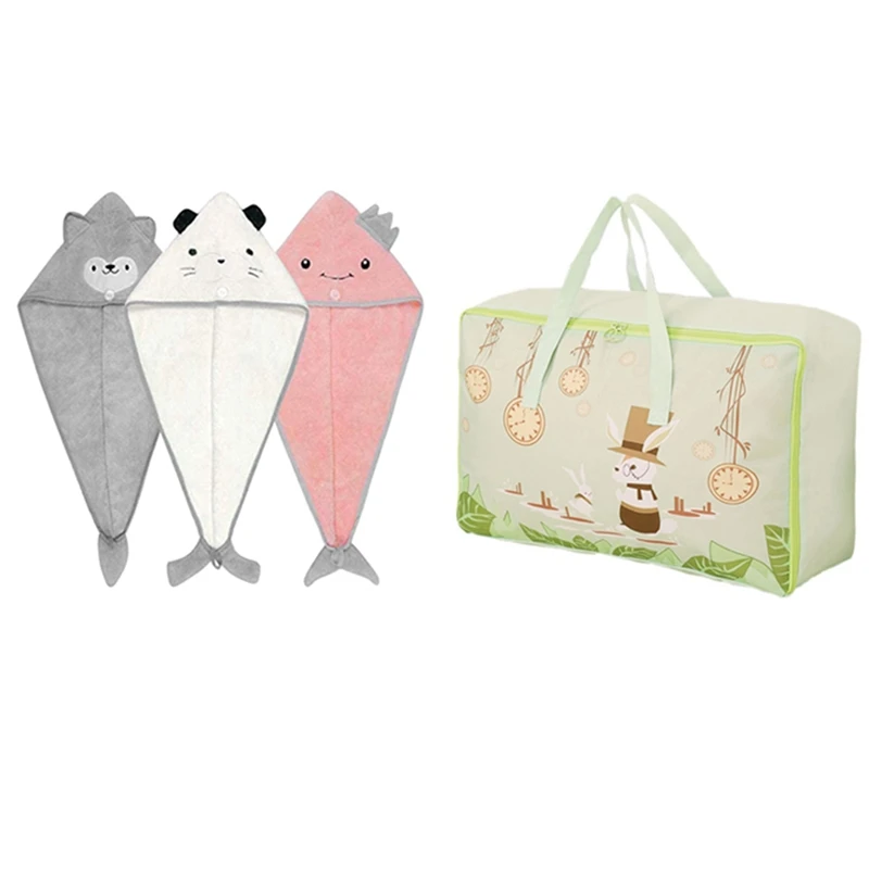 

Cartoon Storage Bag Green & Women Bathroom Super Absorbent Quick-Drying Coral Fleece Bath Towel Hair Dry Cap Salon Towel