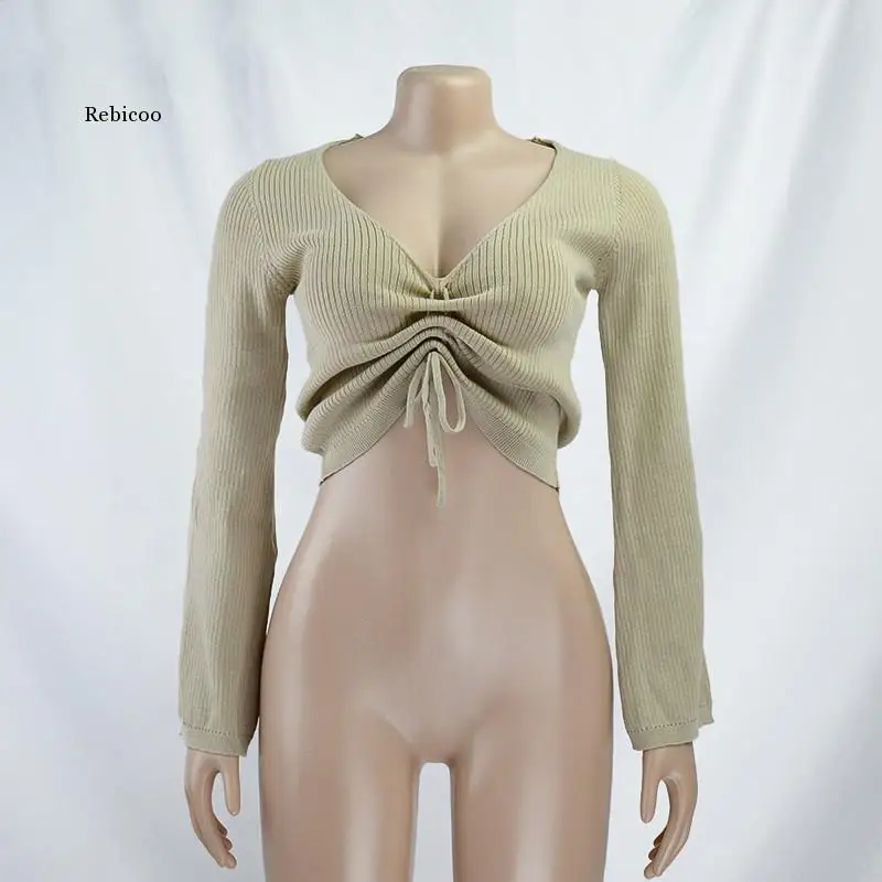 

Fashion V-Neck Drawstring Ruched Female Crop Tops Casual Long Sleeve Striped Blouses for Women 2020 Autumn Winter