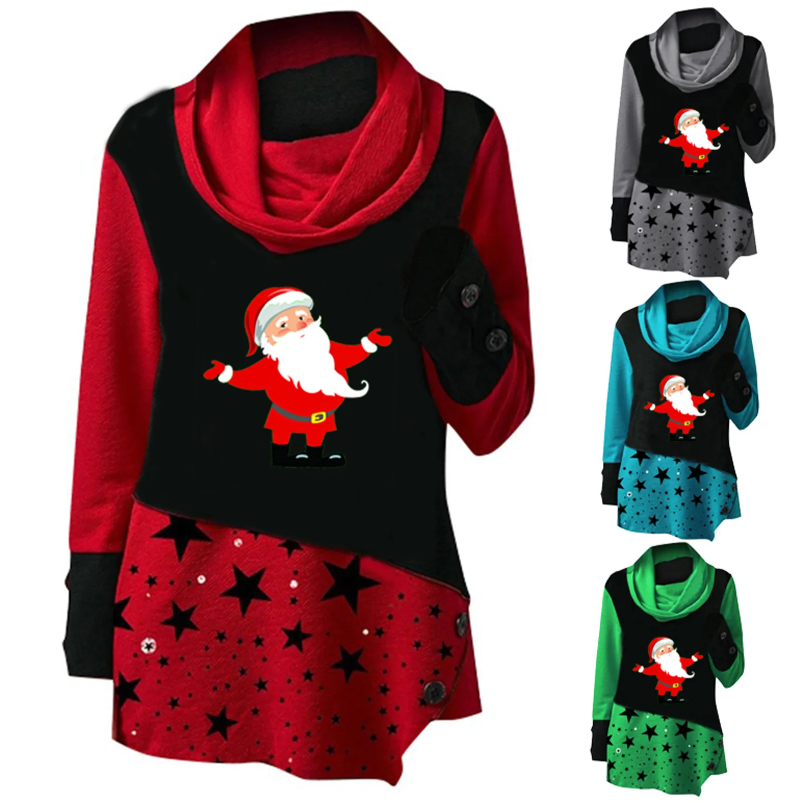 2021 Santa Claus Print Sweatshirt Fashion Women Christmas Print Stitching Piles Collar Long Sleeves Tops Clothing Bluza #dz