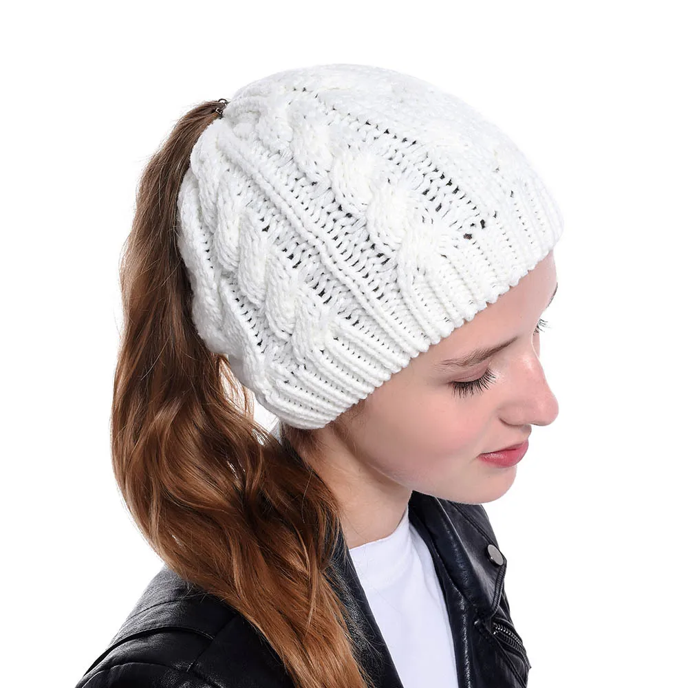Зима женский хвостик грязная шапка Beanie Шапка мягкая вязаная теплая Осенняя уличная Спортивная повседневная шапка куполообразная вязаный головной убор