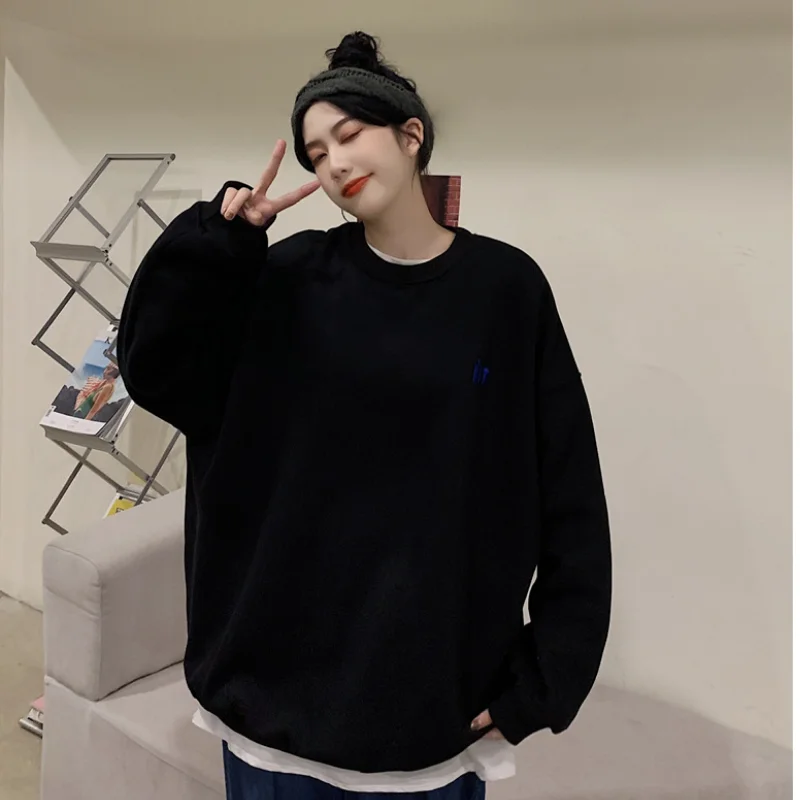 

Autumn Winter Women's Hoodies Loose Design Long-sleeved Plus Velvet Fashion Round Neck Lazy Style Casual Pullover Female Tops