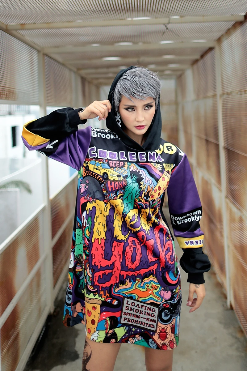 

Women's Autumn Winter Hooded Sweater Velvet Mid-length Coat Purple Tide Letters Europe and America Casual Dress