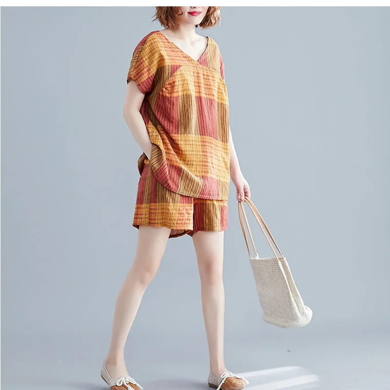 Новинка 2020 Женский костюм из хлопка и льна свободный большой размер летний